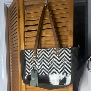 Myra Bag Black and White Chevron Tote with Brown Accents